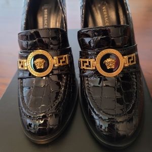 Versace Patent Mock Croc Loafer Heels - black
